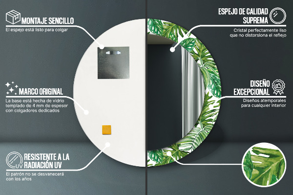 Espejo redondo impreso decorativo redondo Hojas de la selva