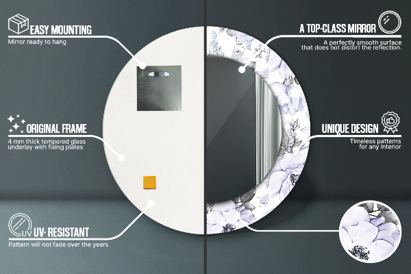 Espejo redondo marco estampado Rosas azules