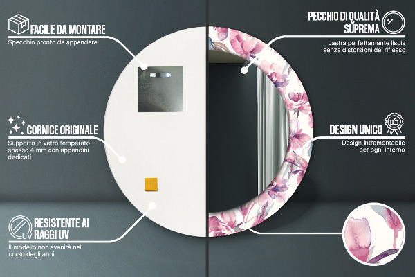 Espejo redondo marco estampado Flores de peonias