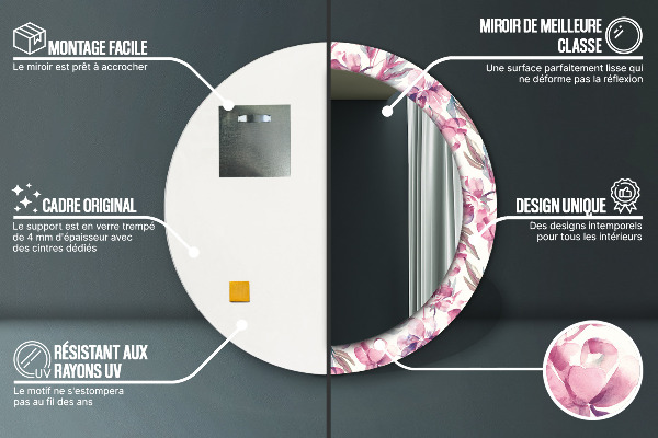 Espejo redondo marco estampado Flores de peonias