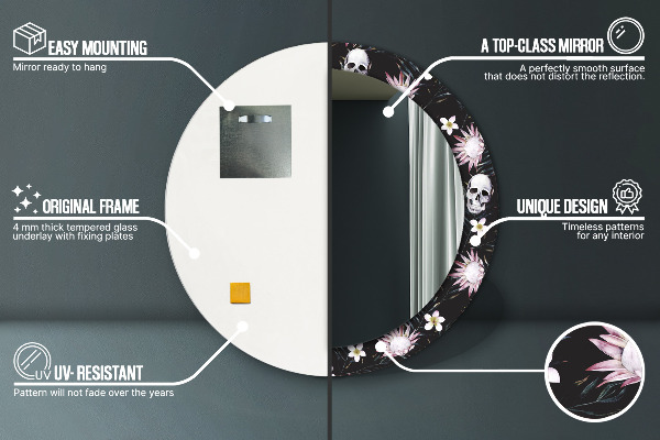 Espejo redondo con decoración Flores de calavera