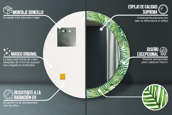 Espejo redondo impreso decorativo redondo Palmeras tropicales