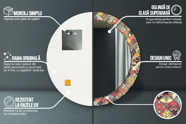 Espejo redondo marco con estampado decorativo Florales etnicos