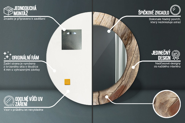 Espejo redondo marco con estampado decorativo Madera agrietada