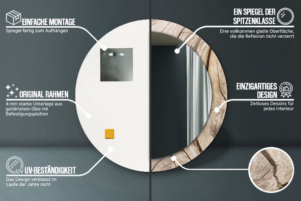 Espejo redondo marco con estampado decorativo Madera agrietada