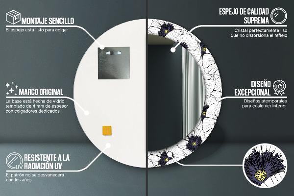 Espejo redondo impreso decorativo redondo Composición de flores lineales