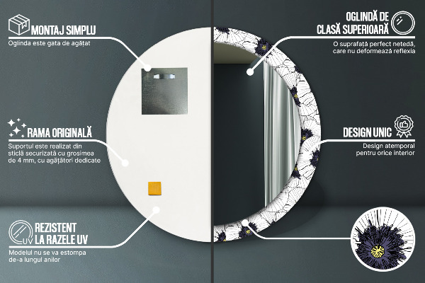 Espejo redondo impreso decorativo redondo Composición de flores lineales