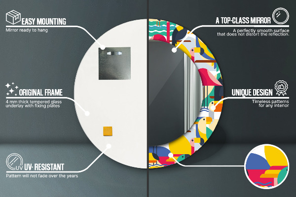 Espejo redondo marco estampado Aves tropicales geométricas