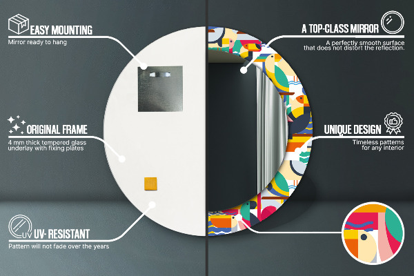 Espejo redondo marco estampado Aves tropicales geométricas