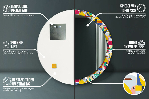 Espejo redondo marco estampado Aves tropicales geométricas