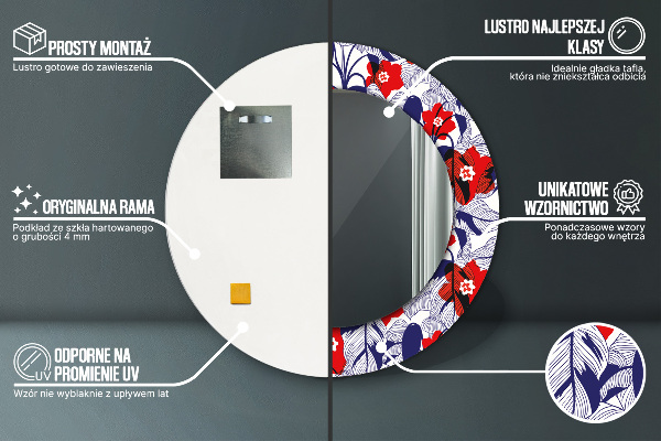 Espejo redondo marco estampado Filodendro y flores rojas