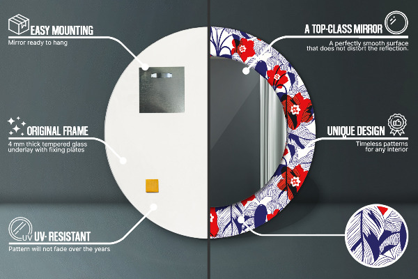 Espejo redondo marco estampado Filodendro y flores rojas