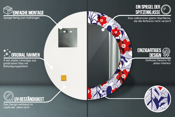 Espejo redondo marco estampado Filodendro y flores rojas