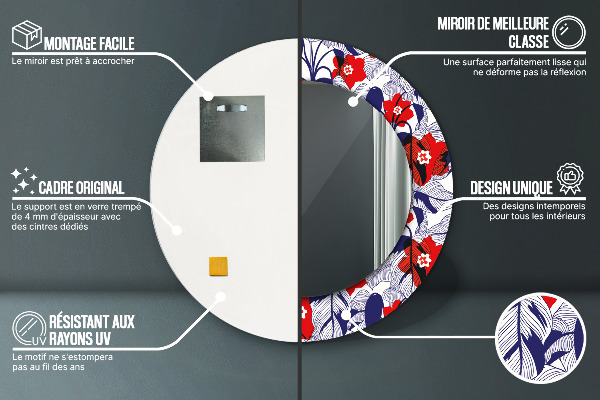 Espejo redondo marco estampado Filodendro y flores rojas