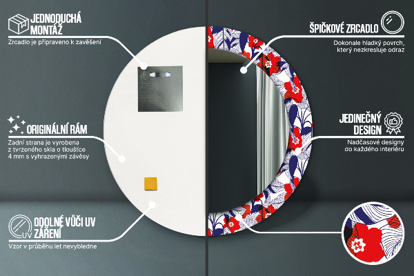 Espejo redondo marco estampado Filodendro y flores rojas