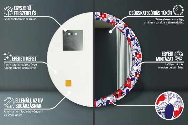 Espejo redondo marco estampado Filodendro y flores rojas