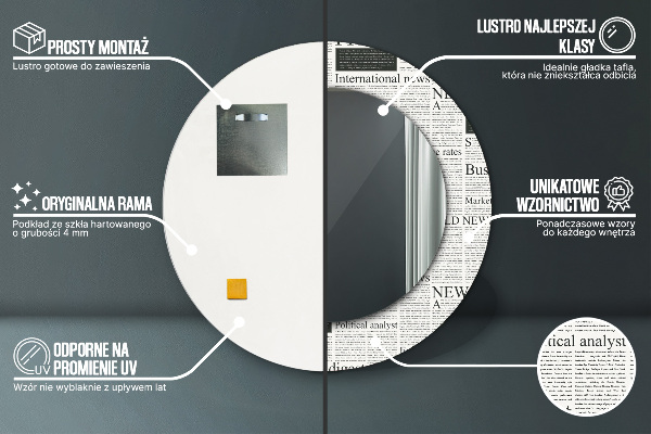 Espejo redondo marco con estampado decorativo Patrón de periódicos