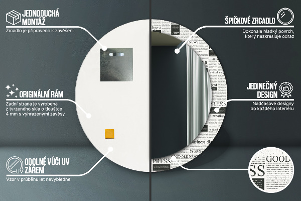 Espejo redondo marco con estampado decorativo Patrón de periódicos