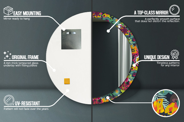 Espejo redondo marco con estampado decorativo Flores pintadas a mano