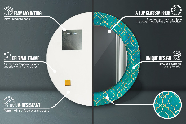 Espejo redondo marco con estampado decorativo Composición verde y dorada.