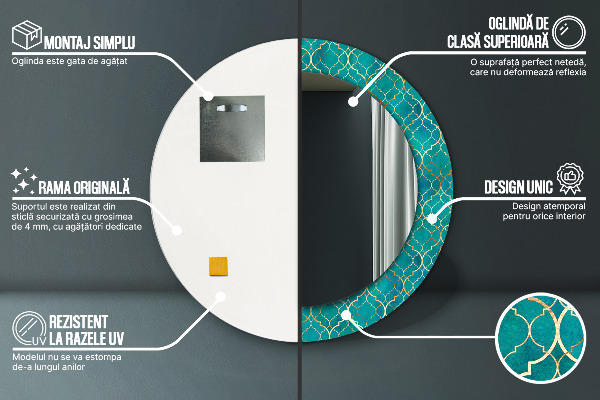 Espejo redondo marco con estampado decorativo Composición verde y dorada.