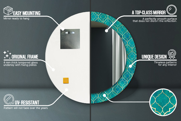 Espejo redondo marco con estampado decorativo Composición verde y dorada.