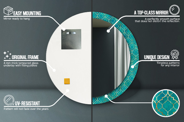 Espejo redondo marco con estampado decorativo Composición verde y dorada.