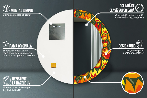 Espejo redondo marco estampado Tulipanes retros