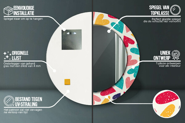 Espejo redondo impreso decorativo redondo Corazones de colores