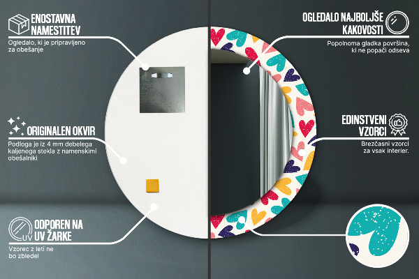 Espejo redondo impreso decorativo redondo Corazones de colores