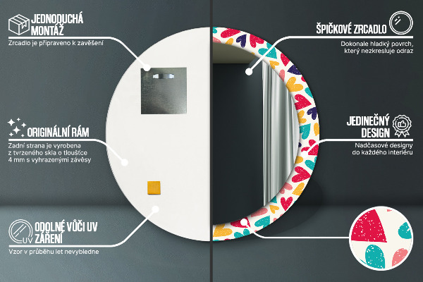 Espejo redondo impreso decorativo redondo Corazones de colores