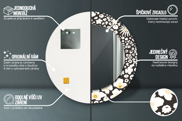 Espejo redondo marco con estampado decorativo Margaritas de marfil