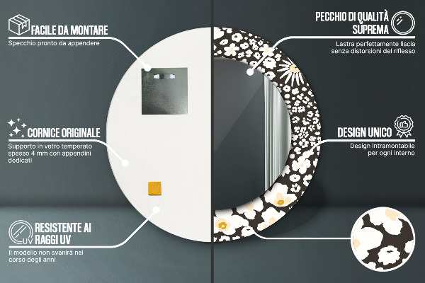 Espejo redondo marco con estampado decorativo Margaritas de marfil