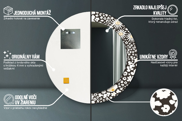 Espejo redondo marco con estampado decorativo Margaritas de marfil