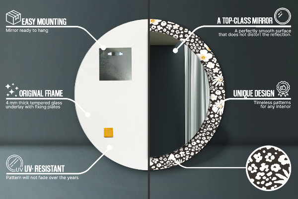 Espejo redondo marco con estampado decorativo Margaritas de marfil