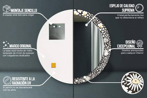 Espejo redondo marco con estampado decorativo Margaritas de marfil