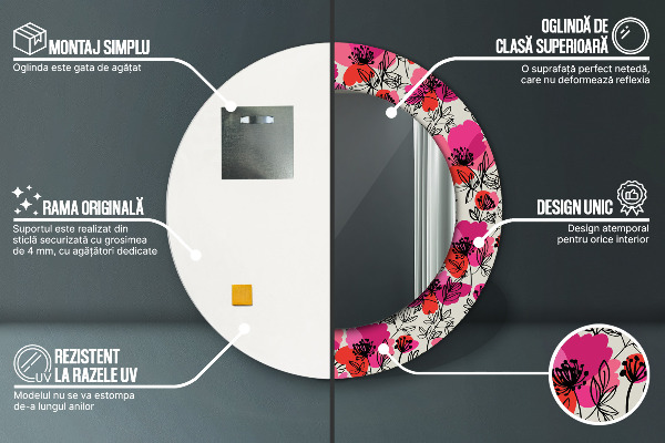 Espejo redondo con decoración Amapolas rosas