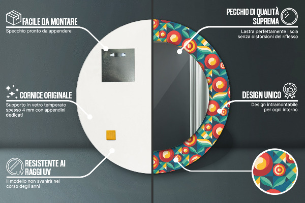 Espejo redondo impreso decorativo redondo Frutas y hojas geométricas.