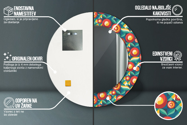 Espejo redondo impreso decorativo redondo Frutas y hojas geométricas.