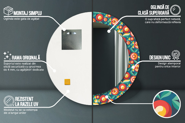 Espejo redondo impreso decorativo redondo Frutas y hojas geométricas.