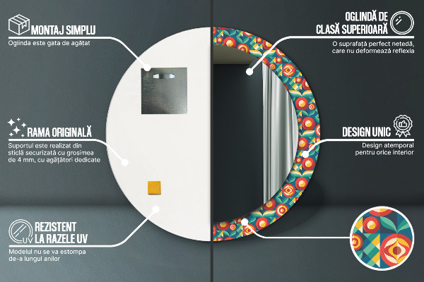 Espejo redondo impreso decorativo redondo Frutas y hojas geométricas.