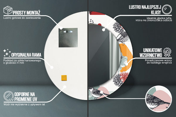 Espejo redondo marco con estampado decorativo Abstracción con pájaros