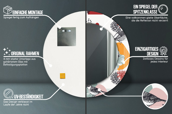 Espejo redondo marco con estampado decorativo Abstracción con pájaros