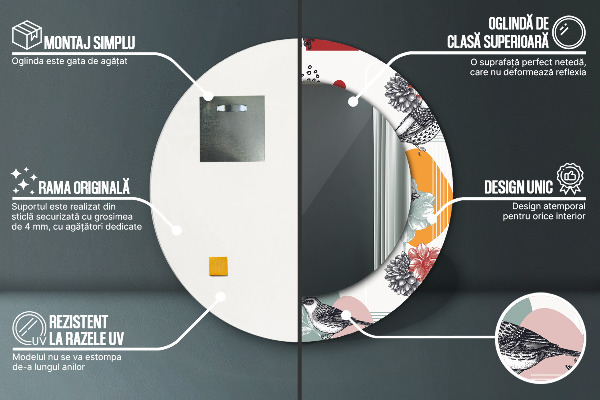 Espejo redondo marco con estampado decorativo Abstracción con pájaros