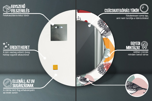 Espejo redondo marco con estampado decorativo Abstracción con pájaros