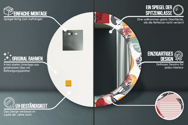 Espejo redondo marco con estampado decorativo Abstracción con pájaros