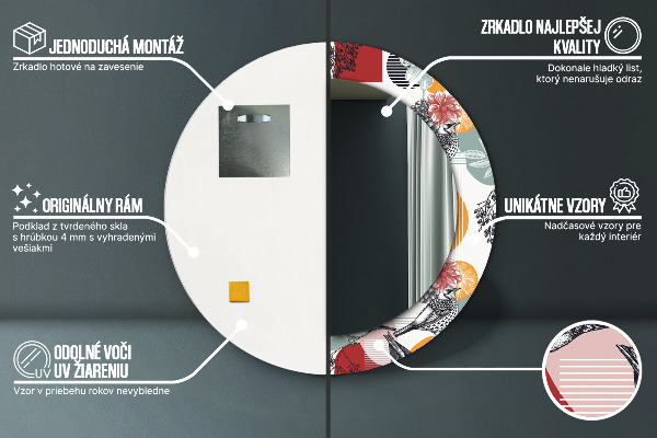 Espejo redondo marco con estampado decorativo Abstracción con pájaros