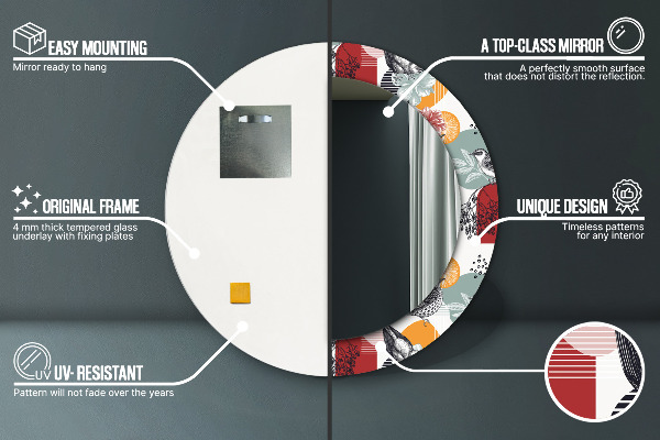 Espejo redondo marco con estampado decorativo Abstracción con pájaros