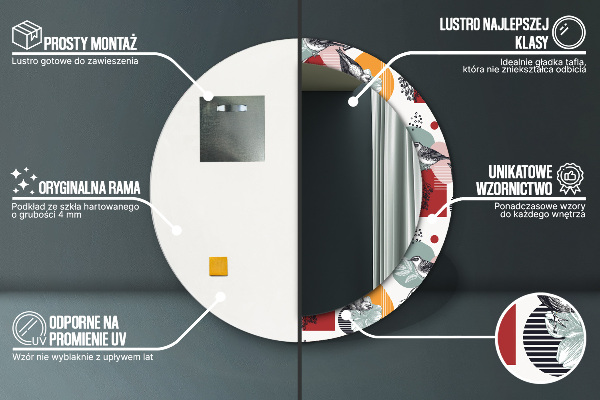 Espejo redondo marco con estampado decorativo Abstracción con pájaros