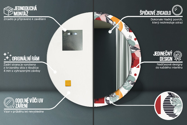 Espejo redondo marco con estampado decorativo Abstracción con pájaros